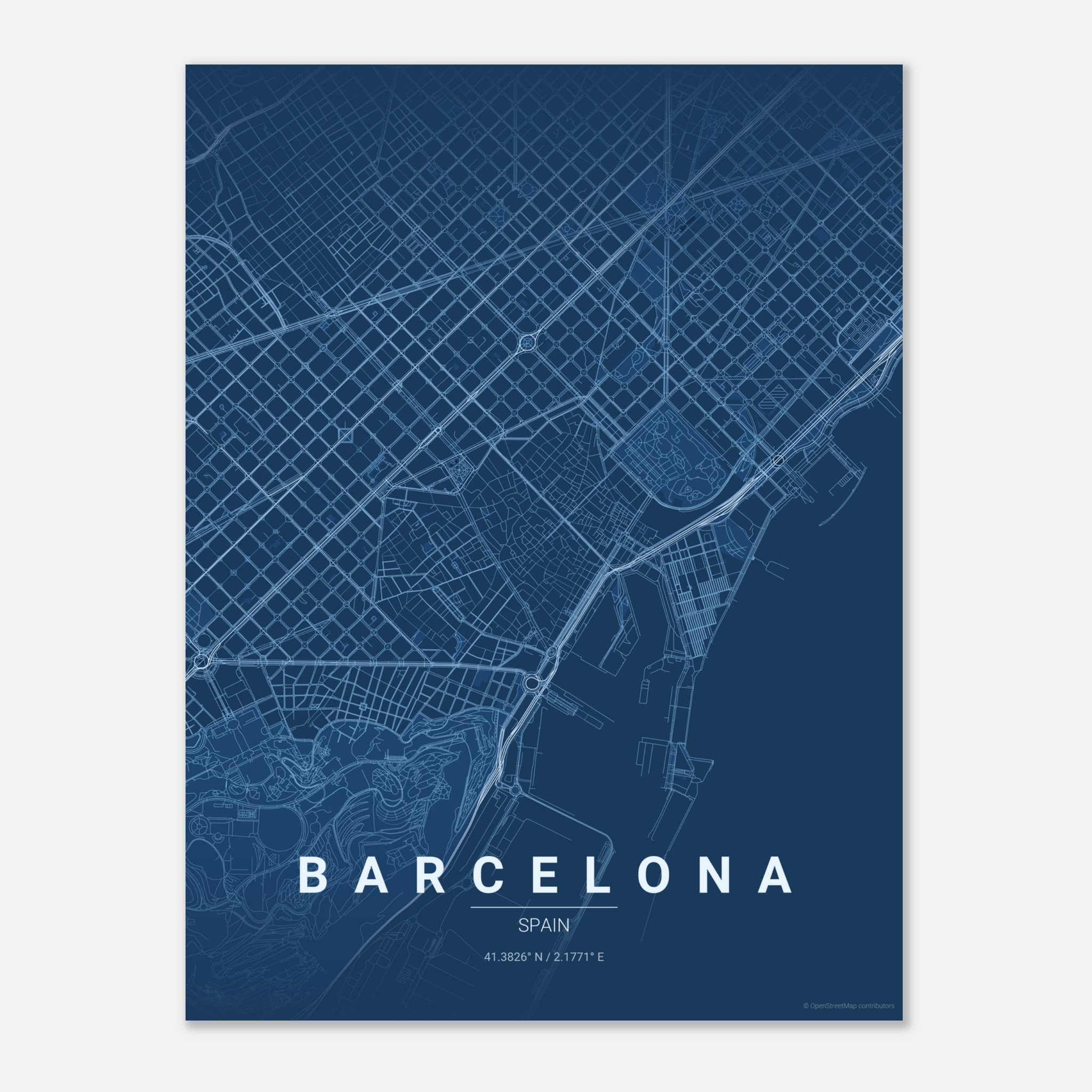 Barcelona vector map poster in Blueprint colourway, Spain