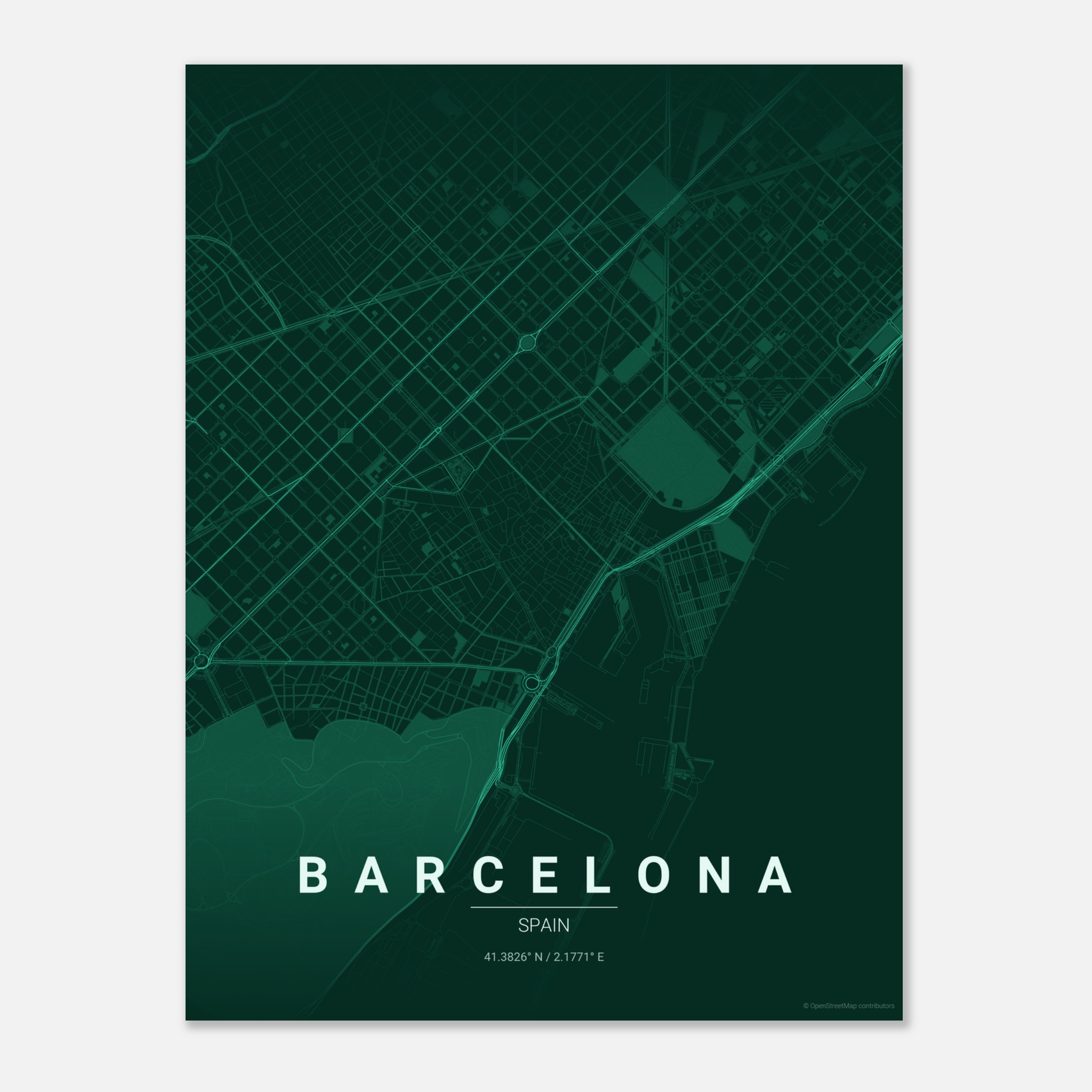 Barcelona vector map poster in Emerald colourway, Spain