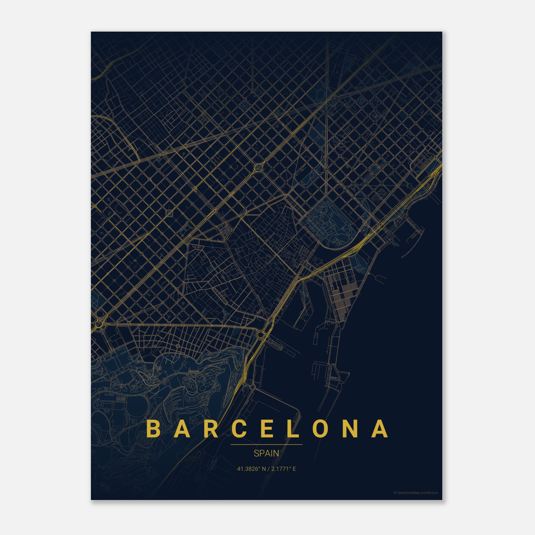 Barcelona vector map poster in Night colourway, Spain