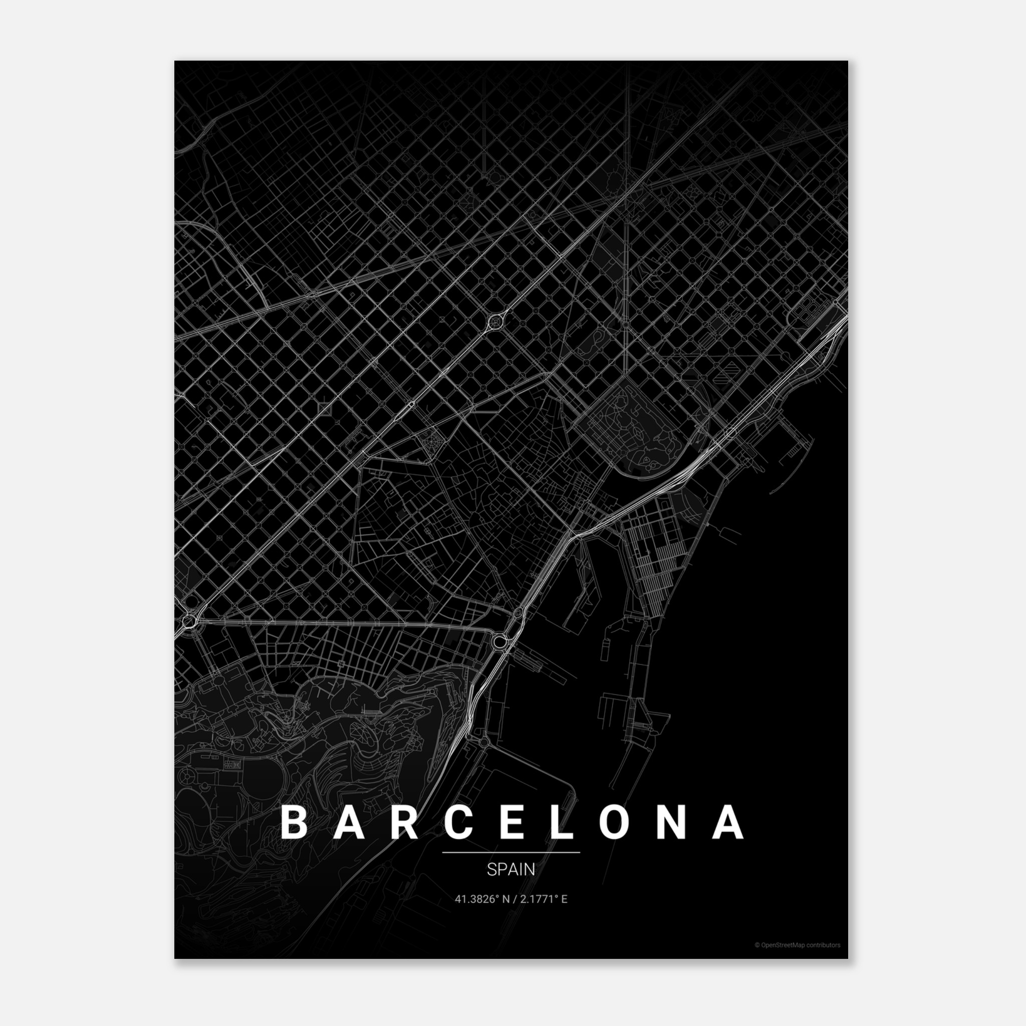 Barcelona vector map poster in Noir colourway, Spain