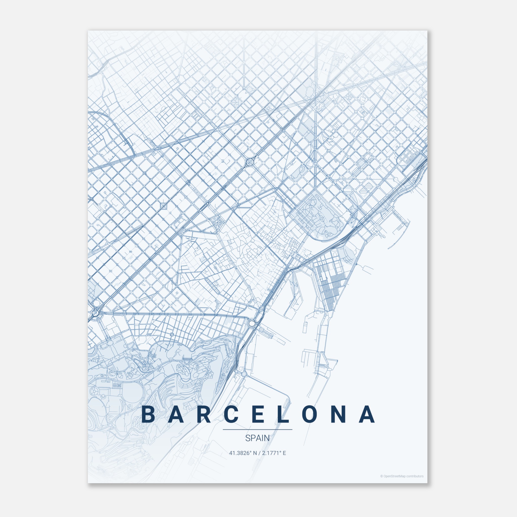 Barcelona vector map poster in Overcast colourway, Spain