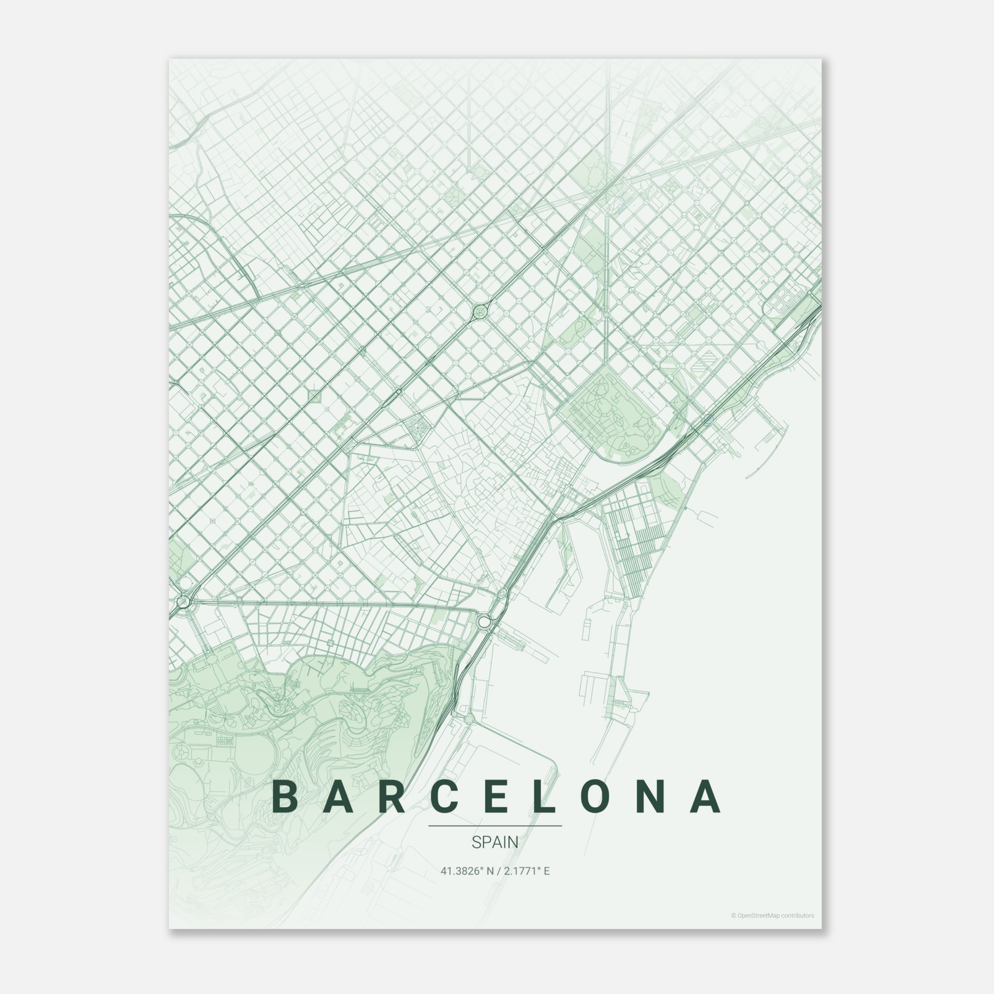 Barcelona vector map poster in Thicket colourway, Spain
