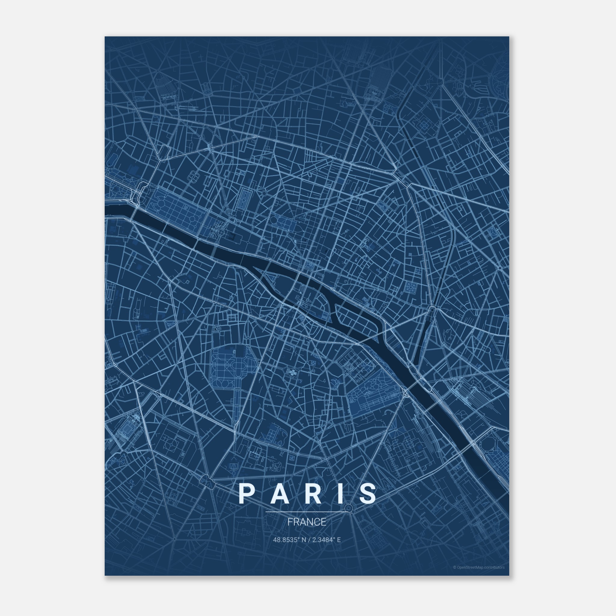 Paris vector map poster in Blueprint colourway, France