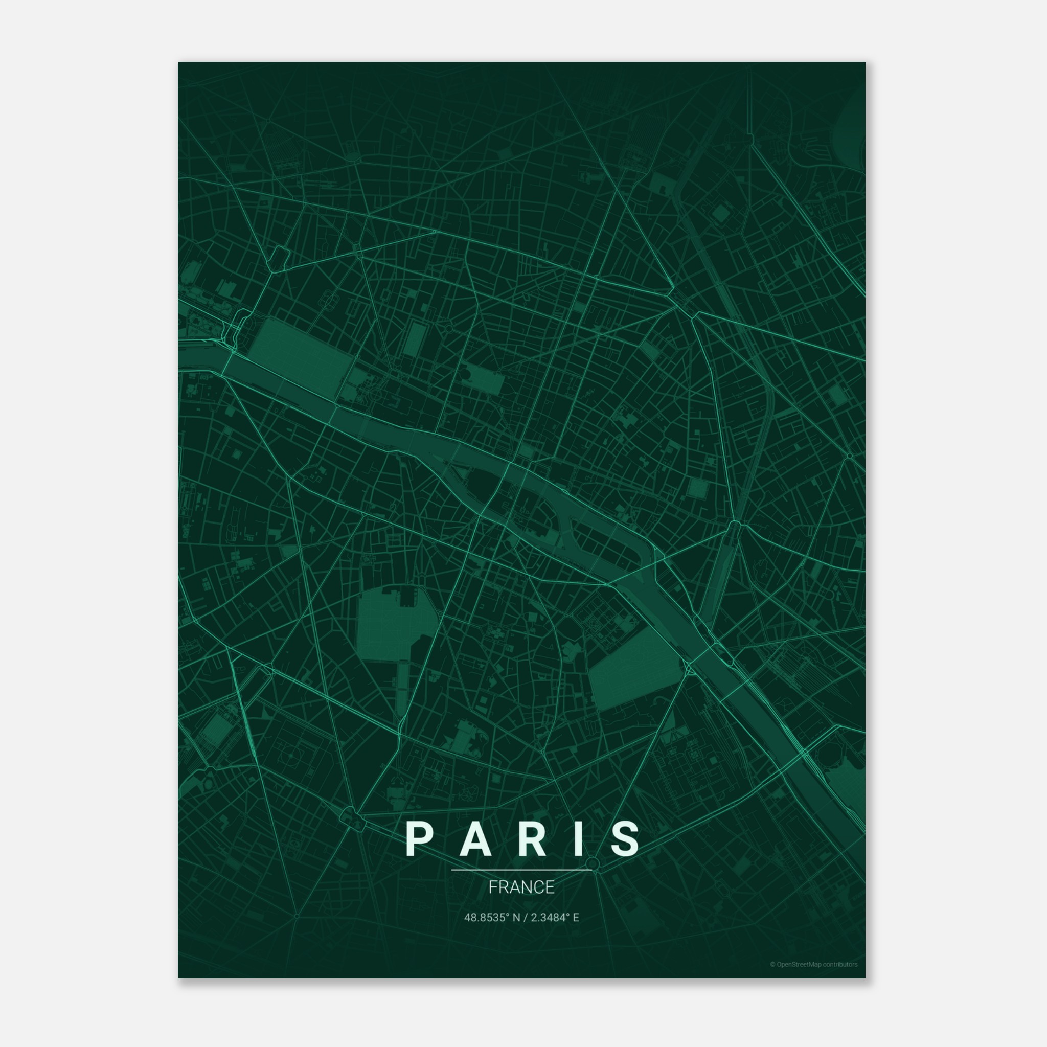 Paris vector map poster in Emerald colourway, France