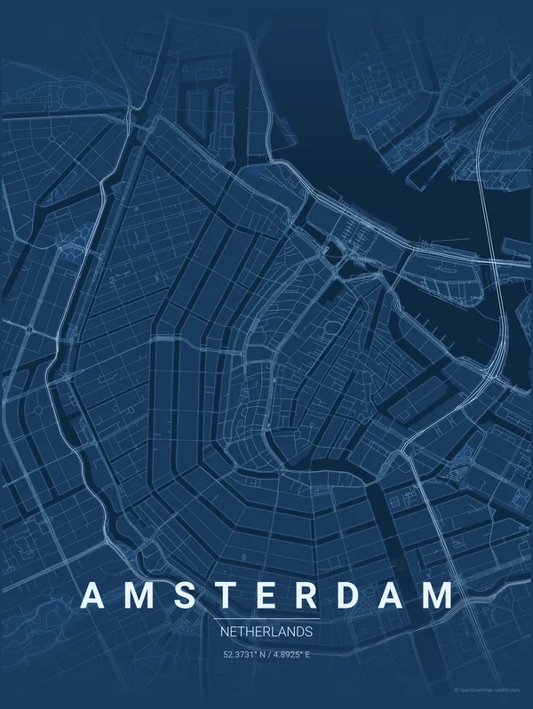 Amsterdam map poster in Blueprint colourway