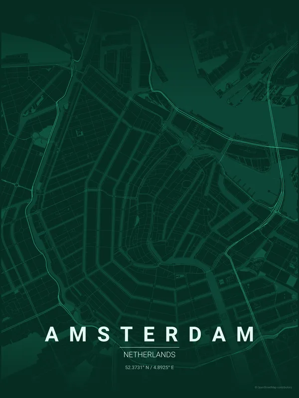 Amsterdam map poster in Emerald colourway