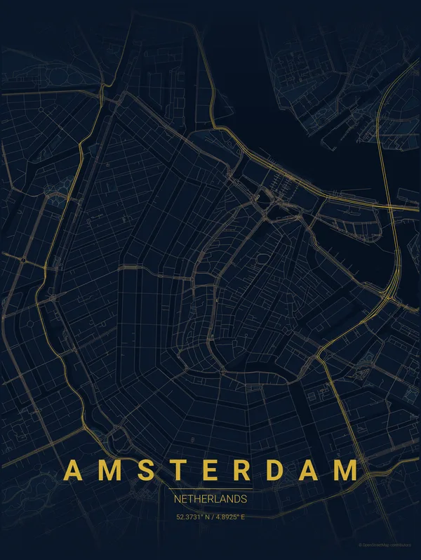 Amsterdam map poster in Night colourway