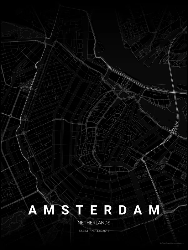 Amsterdam map poster in Noir colourway