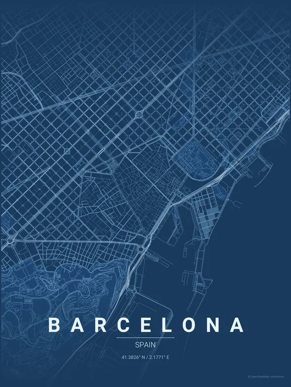 Barcelona map poster in Blueprint colourway