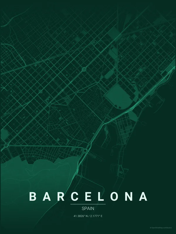 Barcelona map poster in Emerald colourway