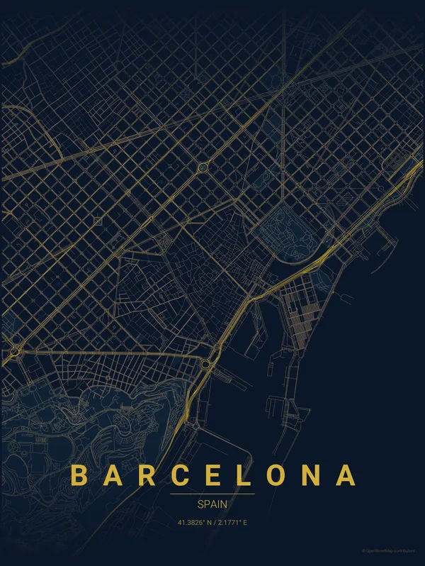 Barcelona map poster in Night colourway