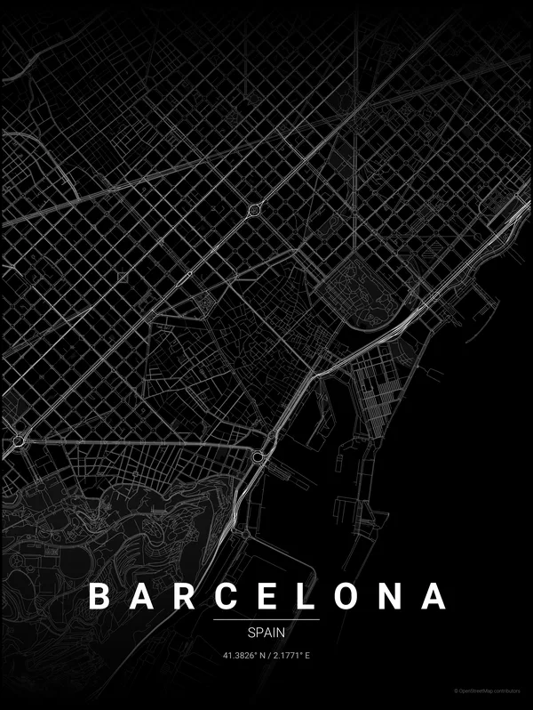 Barcelona map poster in Noir colourway