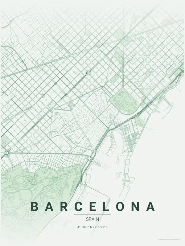 Barcelona map poster in Thicket colourway