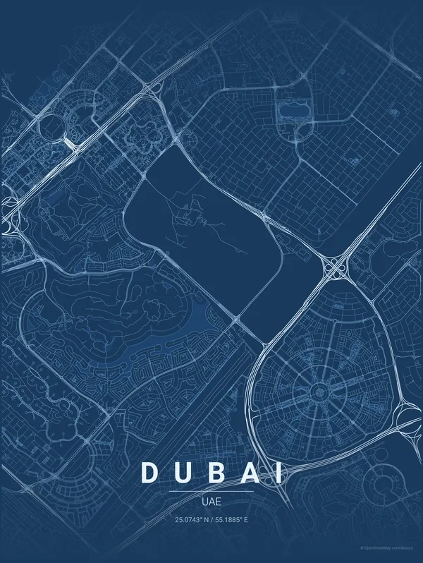 Dubai map poster in Blueprint colourway
