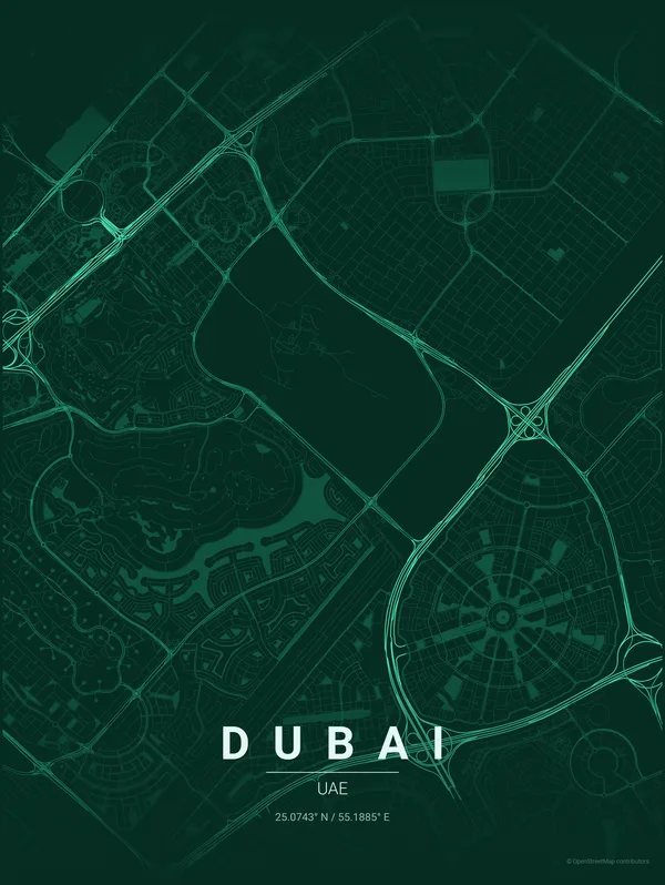 Dubai map poster in Emerald colourway