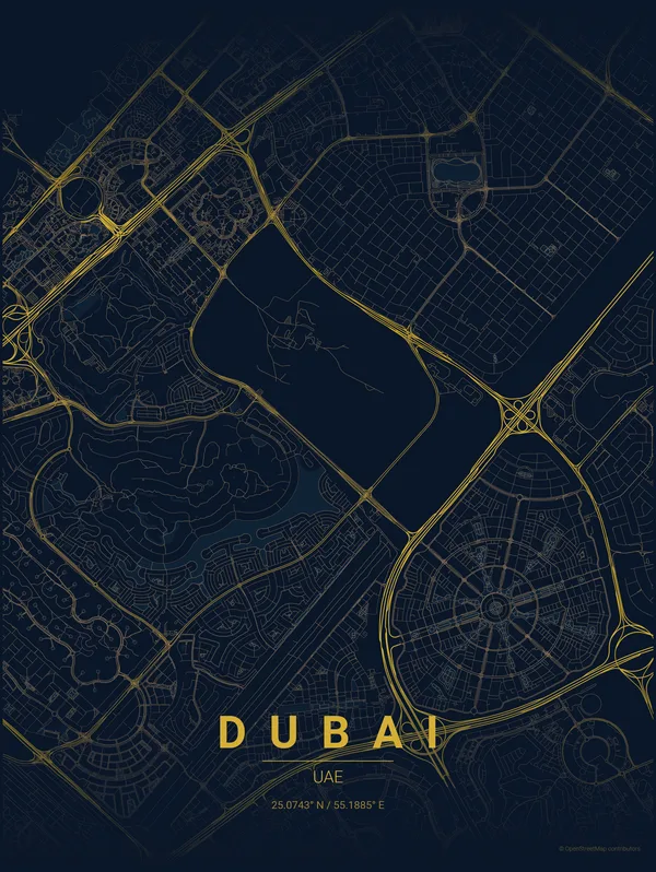 Dubai map poster in Night colourway