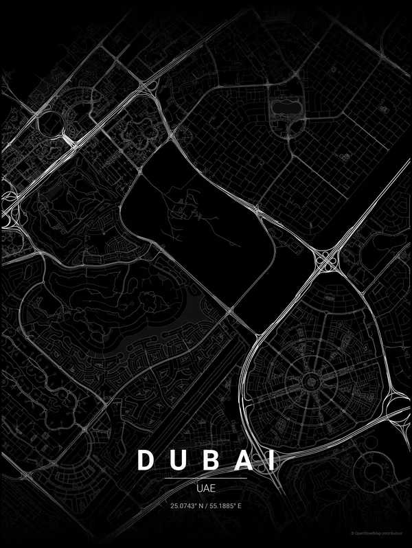 Dubai map poster in Noir colourway