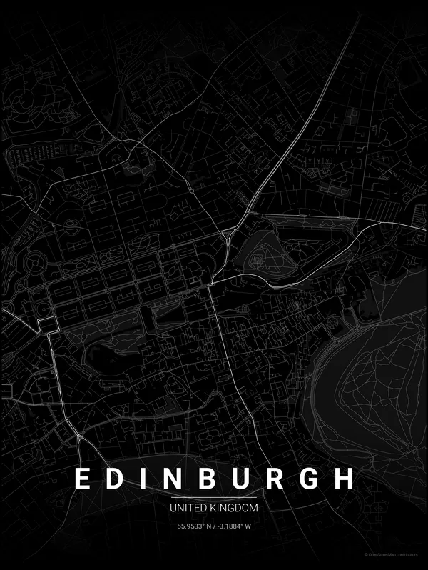 Edinburgh map poster in Noir colourway