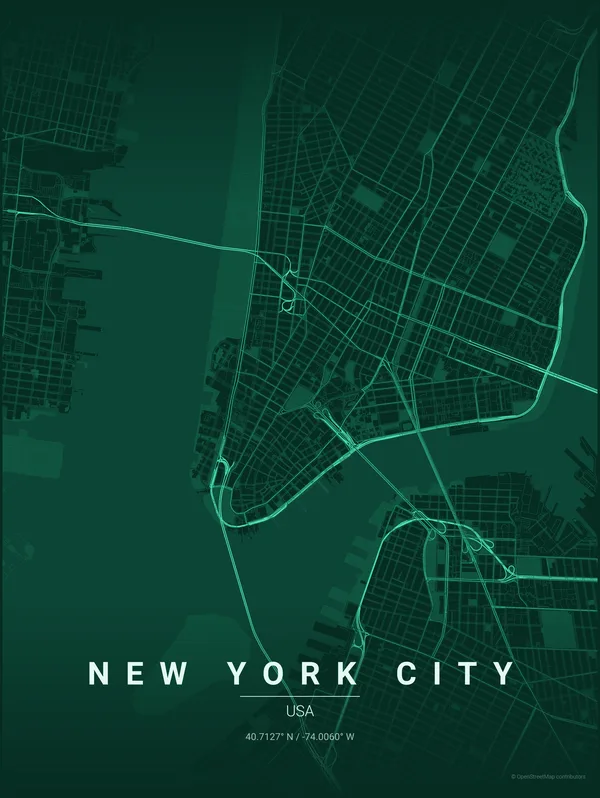 New York City map poster in Emerald colourway