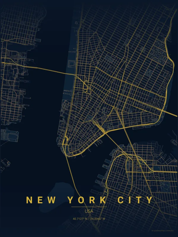 New York City map poster in Night colourway