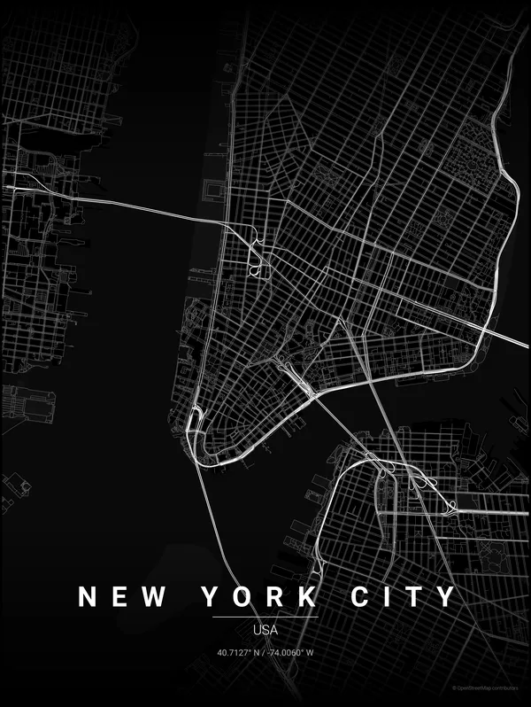 New York City map poster in Noir colourway