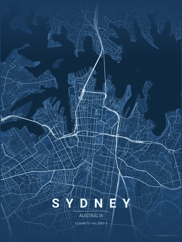 Sydney map poster in Blueprint colourway