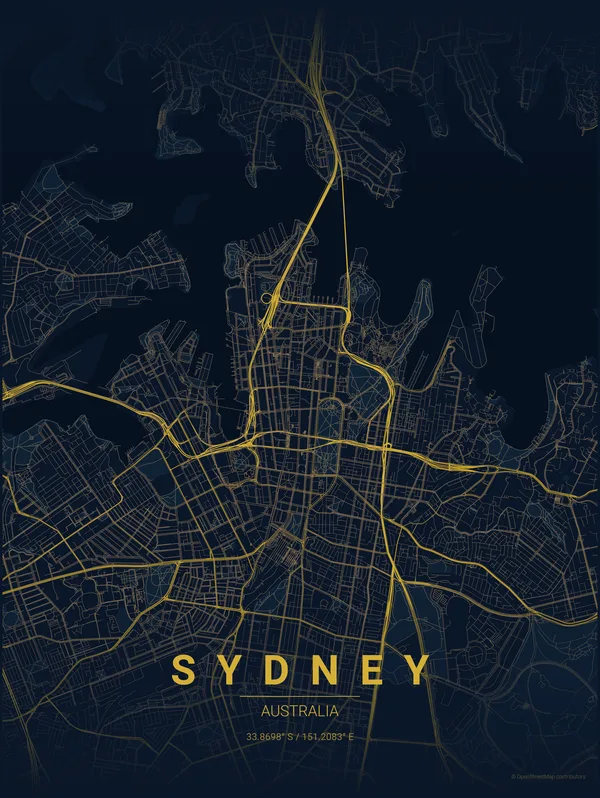 Sydney map poster in Night colourway