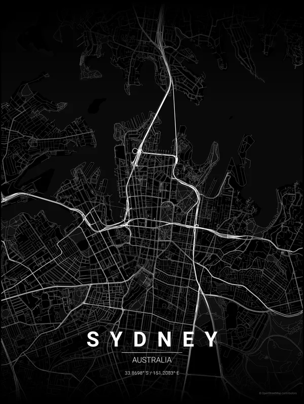 Sydney map poster in Noir colourway