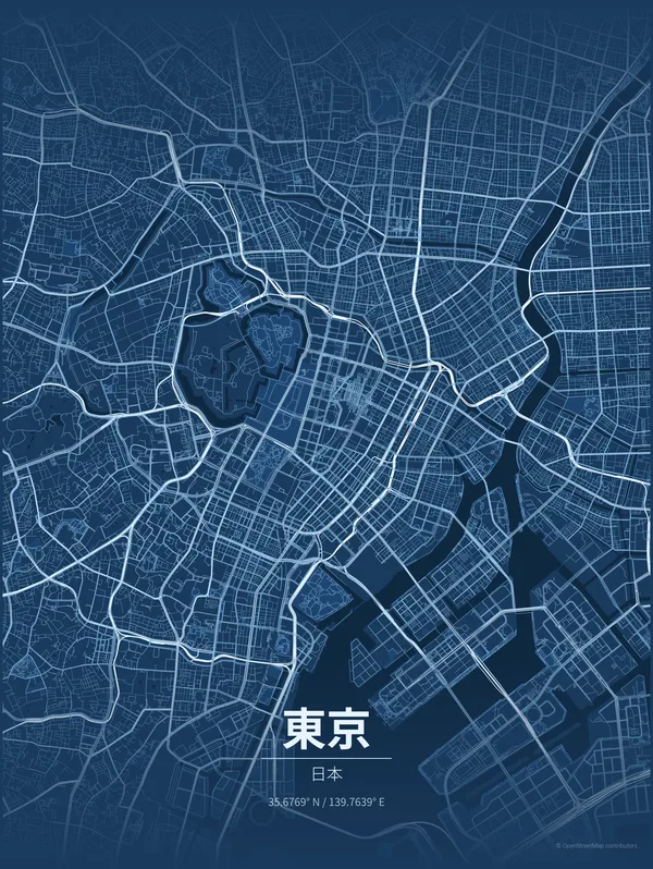 Tokyo map poster in Blueprint colourway
