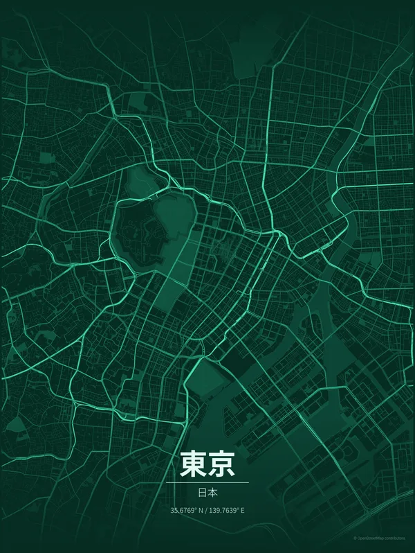 Tokyo map poster in Emerald colourway
