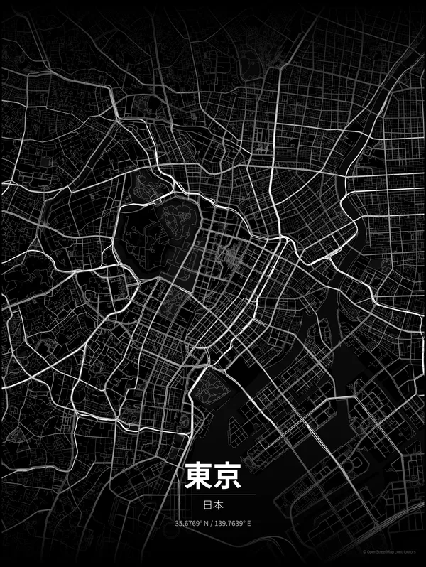 Tokyo map poster in Noir colourway